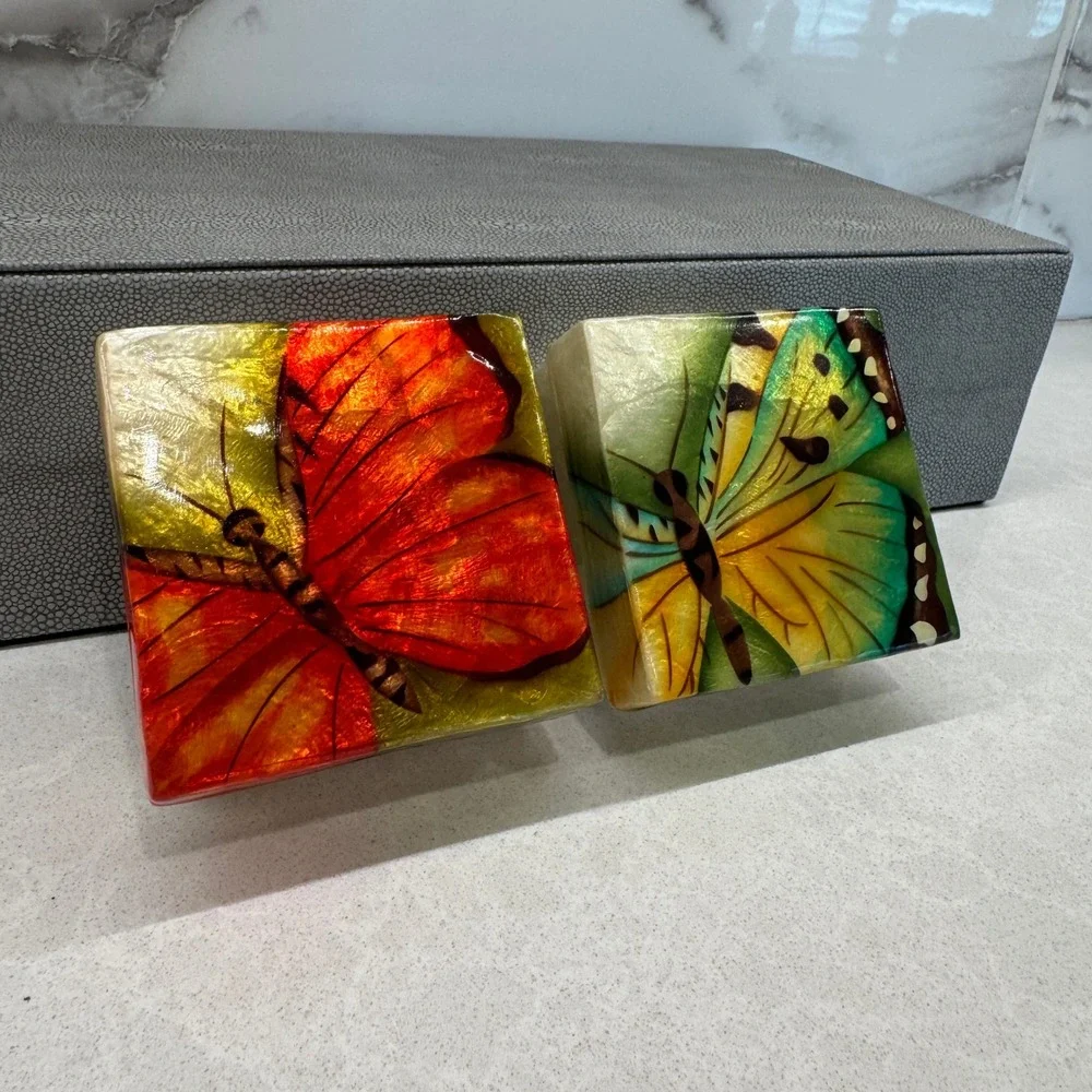 Vintage Capiz Shell Butterfly Trinket Boxes Set of 2 Handmade Philippines Square